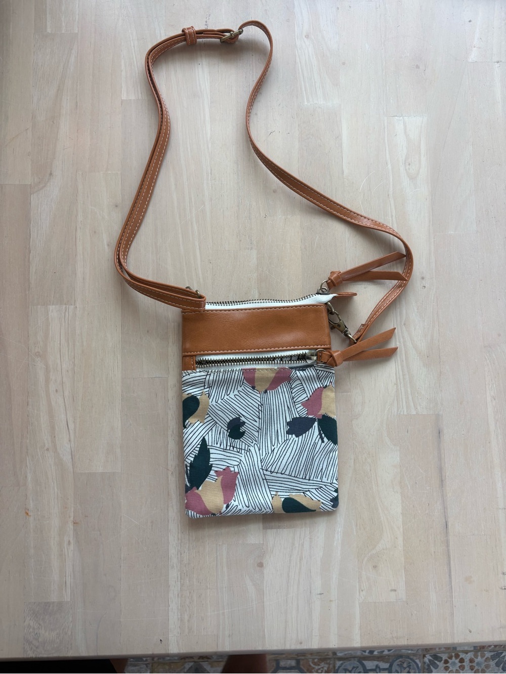 Leather-Trimmed Crossbody Bag in Tan with Print